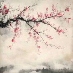 Delicate Pink Blossoms on a Branch in a Traditional Asian Ink Painting Style Serene Landscape