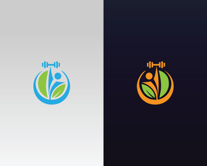 Fitness and Wellness with Weightlifting and Leaf Elements Logo Design Icon Vector Template.