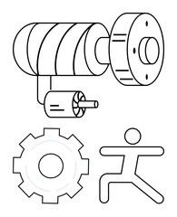 Engine parts with gears, a human figure running, symbolizing mechanics, industry, energy, progress, teamwork, productivity. Ideal for engineering industry energy innovation effort motivation