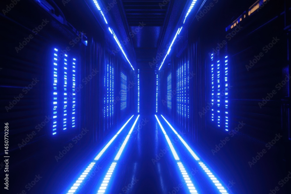 Poster Vivid blue lights create an immersive tunnel effect in a futuristic space environment, 3D rendered vertical of blue lights through space