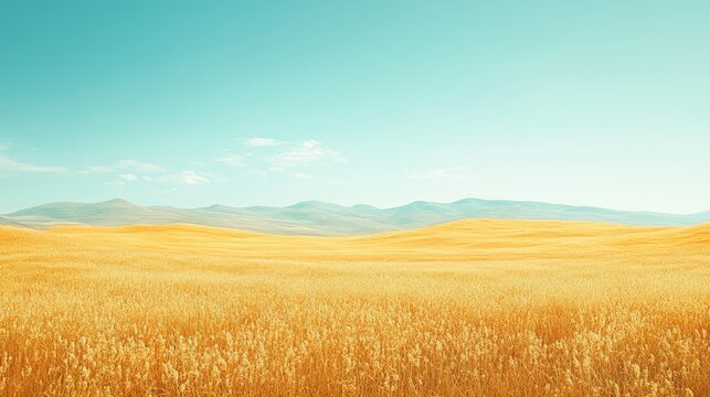 Golden wheat field stretches to a distant mountain range under a vibrant summer sky.