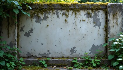 A weathered wall covered in moss and foliage.