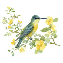 Watercolor Illustration of a Colorful Bird Sitting on Yellow Flowering Branch