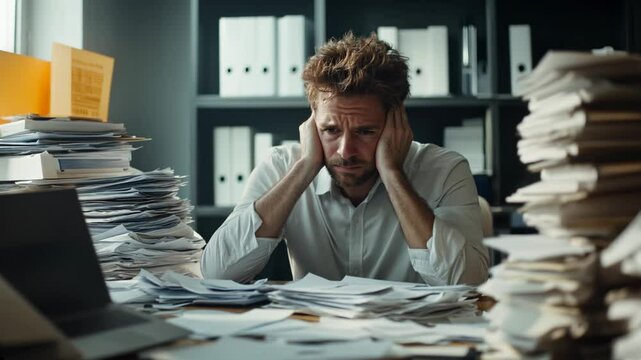 Stressed man overwhelmed by paperwork in a cluttered office environment.