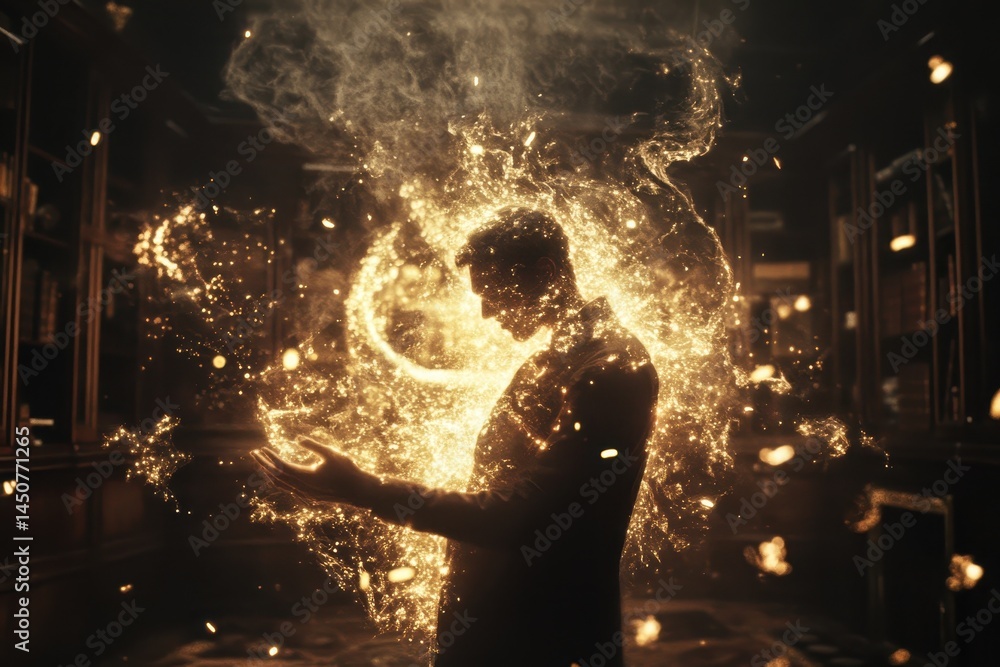 Poster diverse sparks ignite creative compositing elements in a mysterious library setting, diverse sparks 