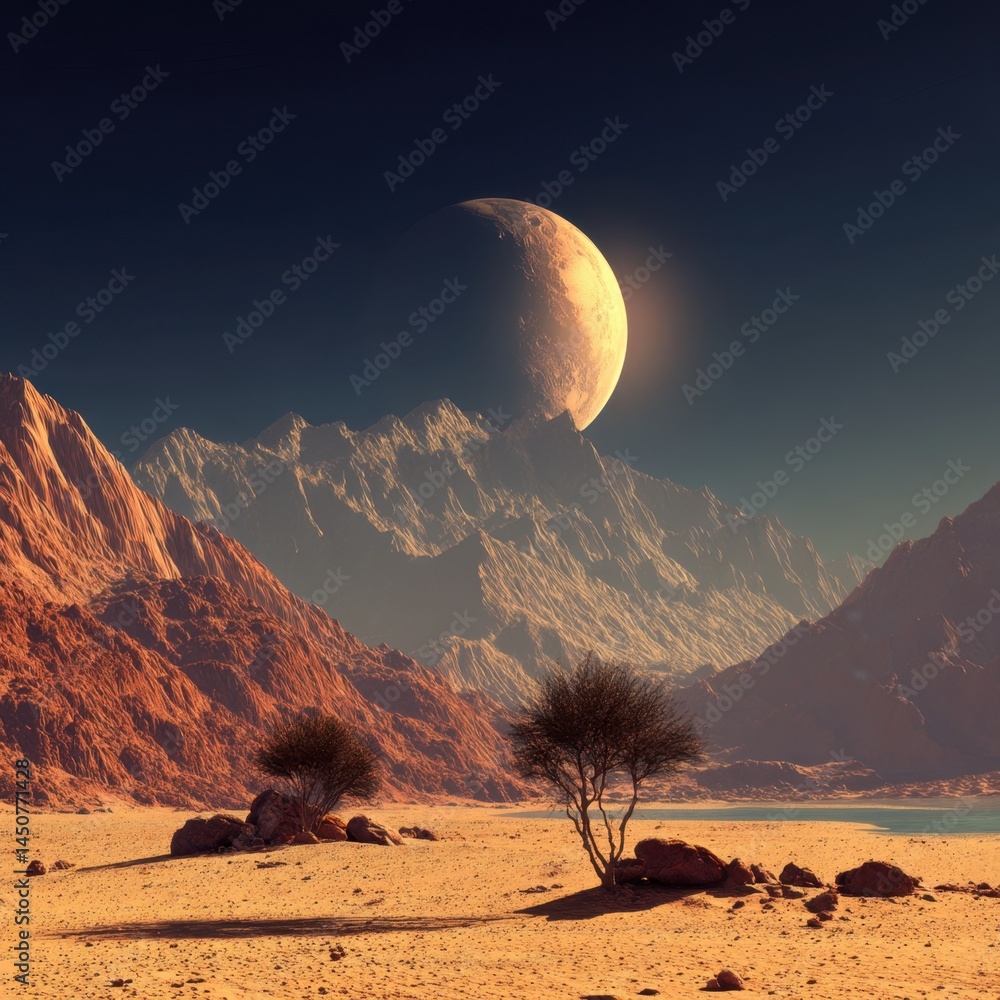 Poster majestic desert landscape with towering mountains and a luminous moon casting a surreal glow over th