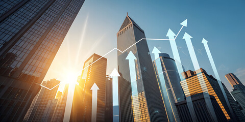 Naklejka na ściany i meble Business growth and success concept with upward arrows and city skyscrapers view