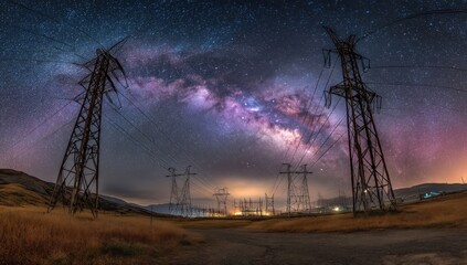 Powerlines reach the milky way, illuminating the night. Energy infrastructure