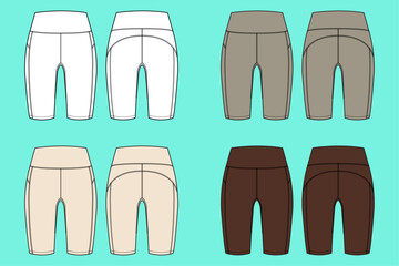 Ladies Sports legging colour way bundle set technical drawing fashion flat sketch vector illustration template front and back views outline CAD mockup.