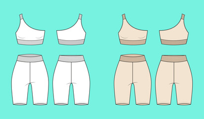 Women Running set Sports one strap bra top and tights shorts colour way technical drawing fashion flat sketch front and back views outline CAD mockup.