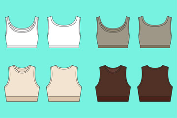 Women Sports bra colour way bundle set technical drawing fashion flat sketch vector illustration template front and back views outline CAD mockup.