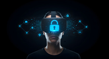 Vr cybersecurity metaverse concept person wearing virtual reality headset with padlock for data protection