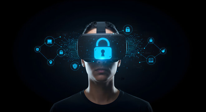 Vr cybersecurity metaverse concept person wearing virtual reality headset with padlock for data protection - Powered by Adobe