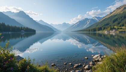Fototapeta premium Serene Alpine Lake Reflecting Majestic Mountains and Cloudy Sky