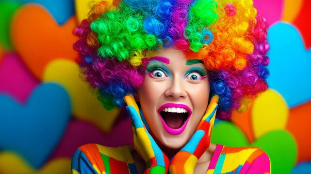 Excited colorful woman in rainbow wig and facepaint with surprised expression against heart shaped backgrounds for a cheerful theme.