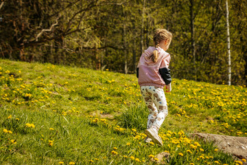 A young girl in a pink jacket and patterned leggings kneels in a grassy meadow full of blooming...