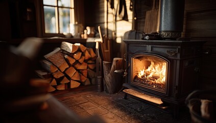 Warm cabin interior with wood stove. Sunlight streams into a rustic room, highlighting a burning wood stove.  Logs are stacked neatly beside it