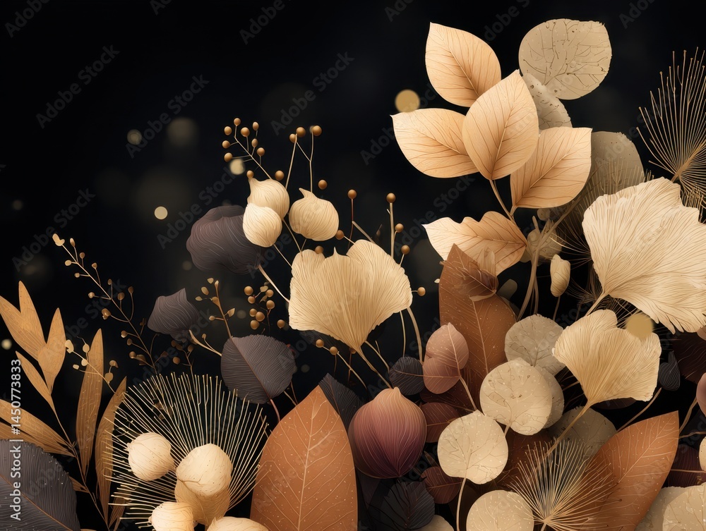 Aufkleber elegant botanical arrangement on black background with golden accents and soft bokeh lights creating