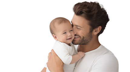 A smiling father holding his baby close and sharing a tender moment isolated on transparent background	