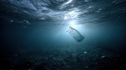 Plastic bag floating near seafloor, water pollution concept image for nature blogs