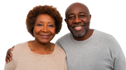 Happy senior African-American couple embracing and smiling, isolated on white or transparent background
