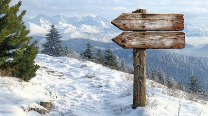 Snowy mountain trail with wooden signpost