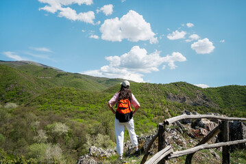 Young woman with backpack hiking  in the summer mountain 