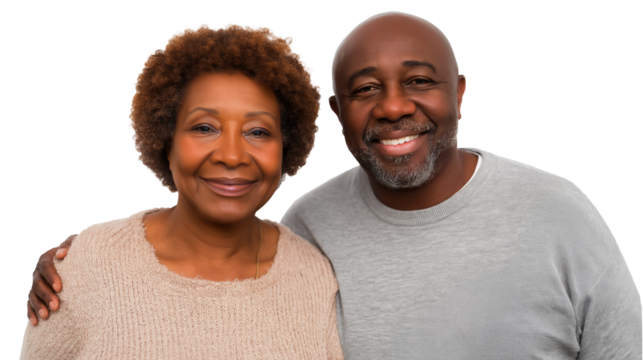 Happy senior African-American couple embracing and smiling, isolated on white or transparent background