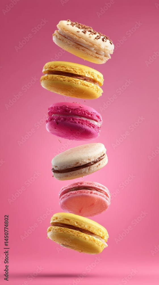 Poster delightful stack of colorful macarons floating in midair against a vibrant pink backdrop capturing t