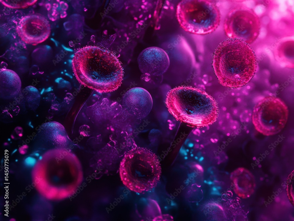 Poster abstract depiction of cellular structures in vibrant purple and pink hues creating a surreal microsc
