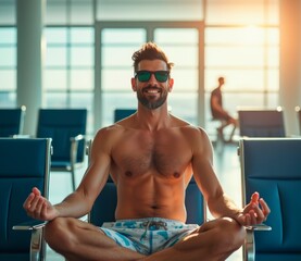 Businessman in beach shorts and sunglasses sitting in yoga pose at airport terminal, relaxed vacation mood while waiting for his flight.


