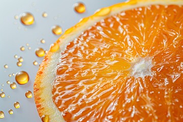 Close-up image of juicy orange slice with refreshing droplets, highlighting its vibrant color and texture.