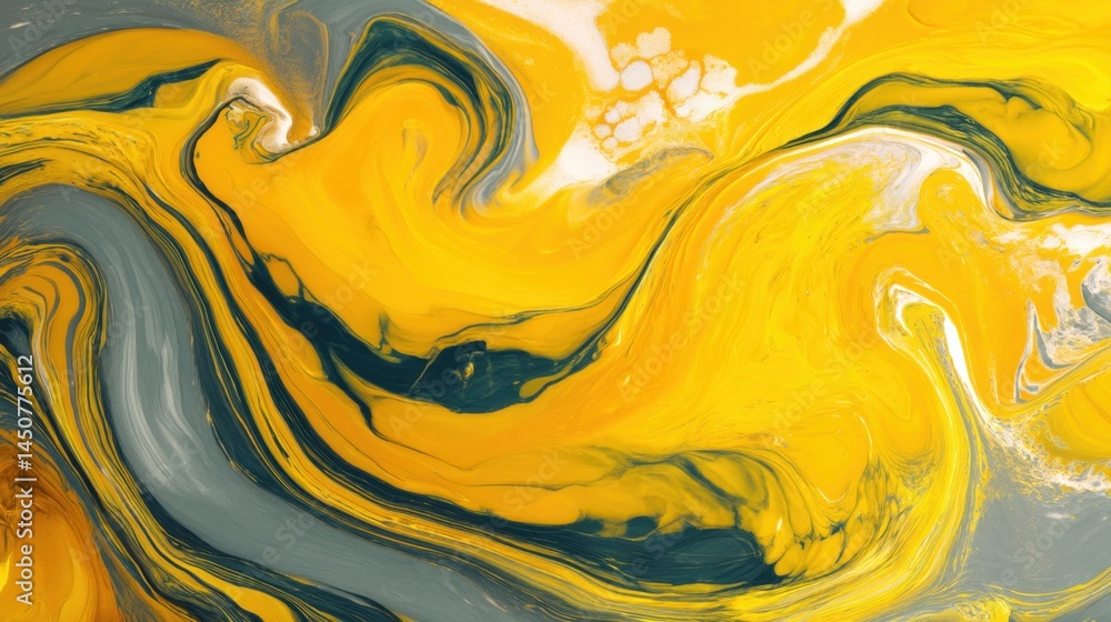 Poster abstract yellow and gray fluid art with swirling patterns creating a dynamic and modern visual textu