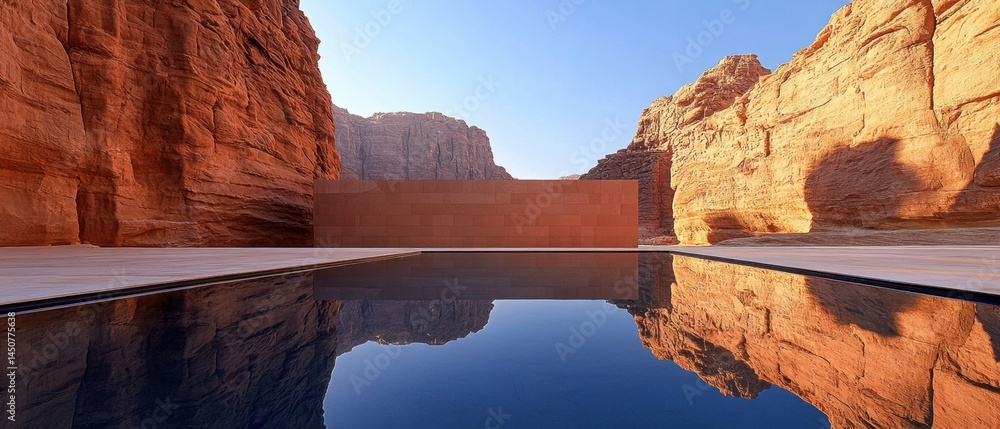 Aufkleber serene desert landscape featuring red rock formations and a reflecting pool creating a tranquil oasi