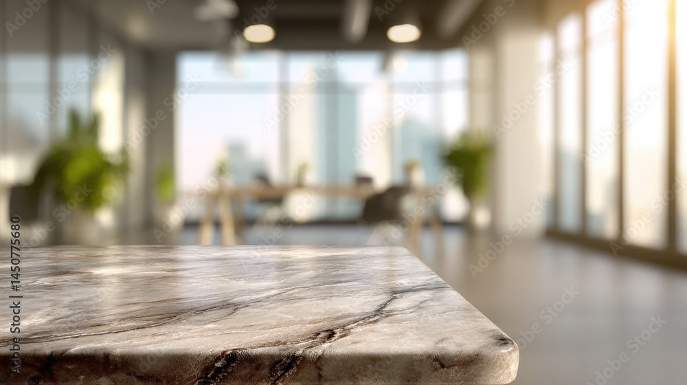 Poster marble countertop in modern office space with blurred background and bright sunlight streaming in cr