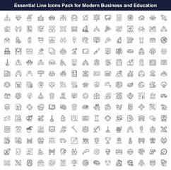 A comprehensive collection features numerous linear icons representing diverse business, educational, and lifestyle concepts 