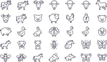 Farm animals line icon set. Vector pictograms of domestic goose, turkey, chick, duckling, duck, sheep, horse, pig, donkey, ox,