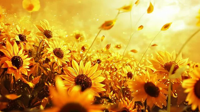 Radiant sunflower field swaying under golden sunset