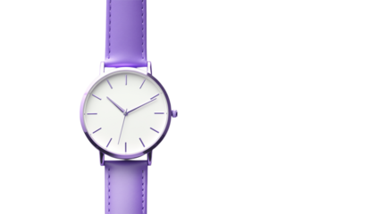 Close up of a wristwatch with a white face and a purple band isolated against a transparent background png