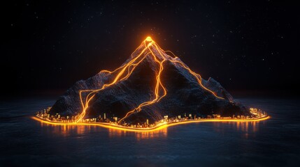 Glowing cityscape island mountain night digital art