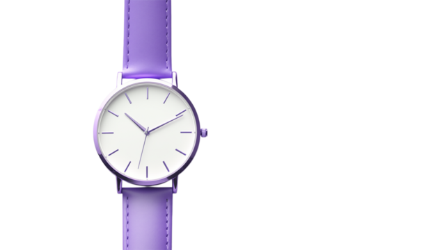 Close up of a wristwatch with a white face and a purple band isolated against a transparent background png