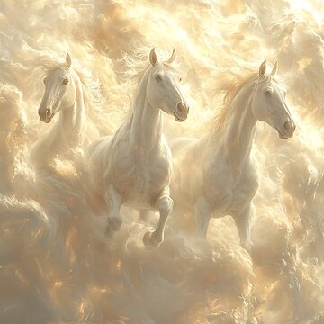 Three white horses gallop through radiant clouds