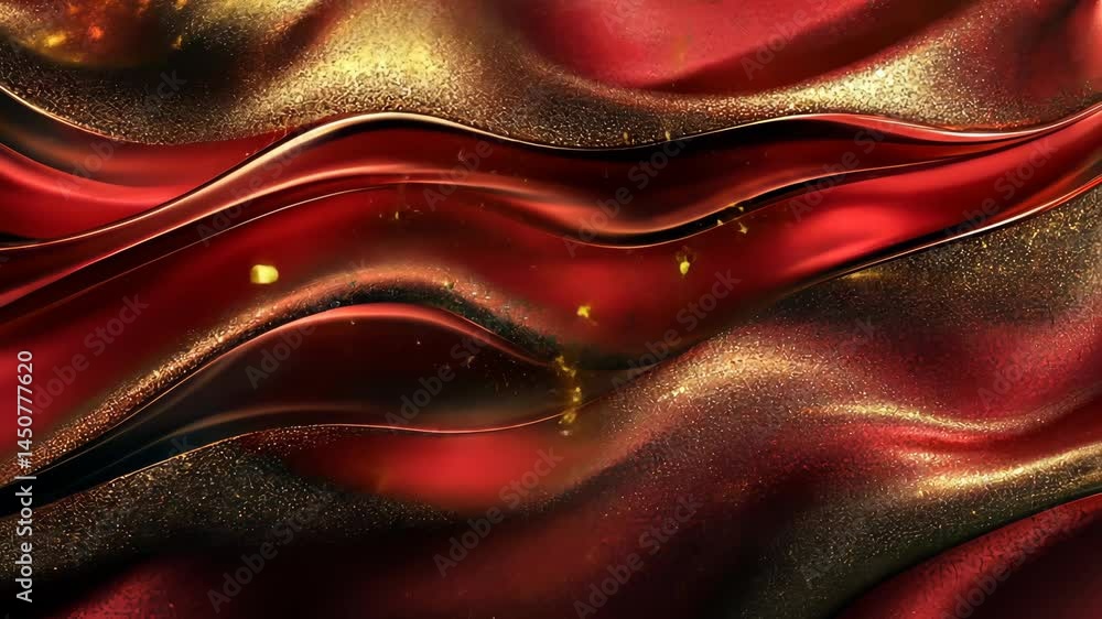 Poster vibrant red and gold waves with floating particles in dynamic abstract motion