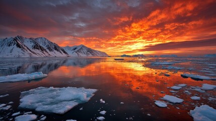 Fiery sunset reflects on ice floes at frozen sea near snowy mountains peak