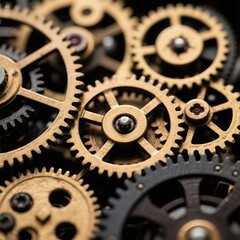 Close-Up of Intricate Gold and Black Gears in a Complex Mechanism