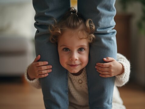 Shy child with big eyes peeking from behind a parent, holding their leg, soft indoor light, family home setting, expressing innocence and timidity.

