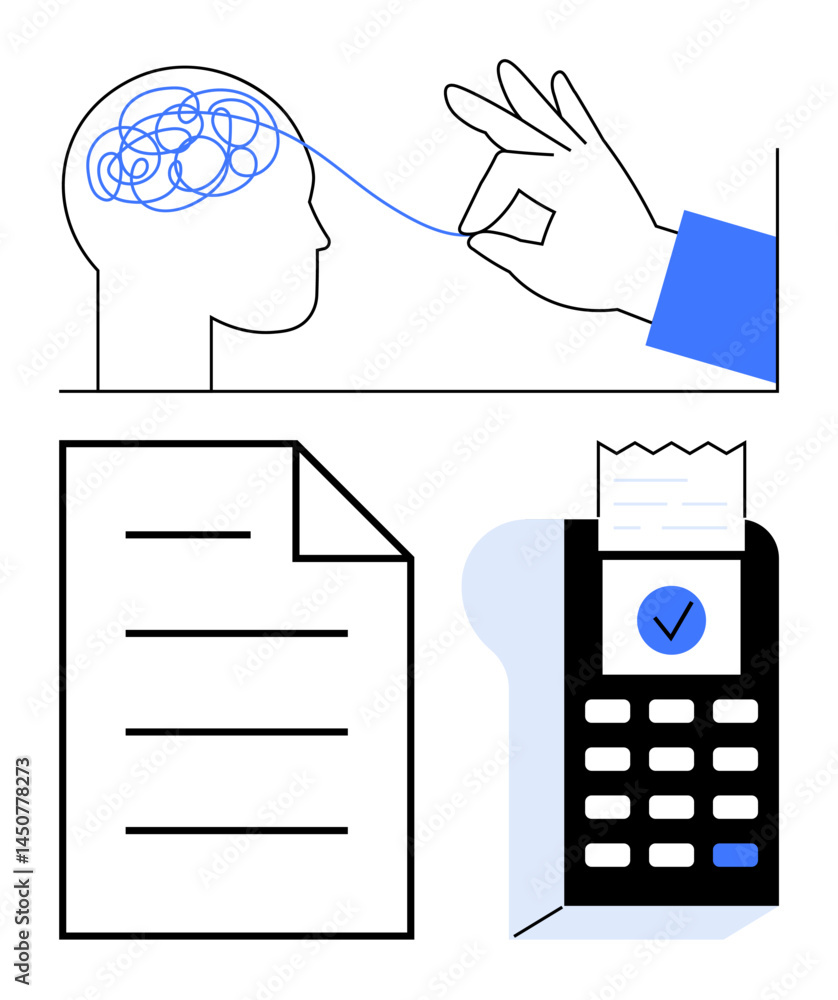 Poster hand untangling string from head, document with lines, and receipt from calculator with checkmark. i