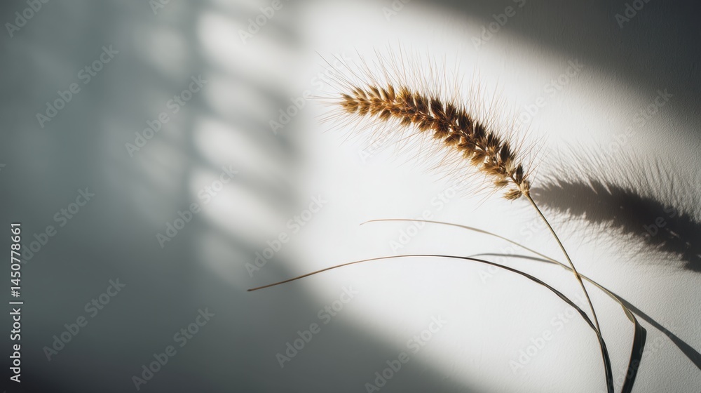 Poster golden wheat stalk casting soft shadows on a textured white surface creating a minimalist elegant co