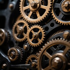 Close-Up of Intricate Gold and Black Gears in a Complex Mechanism