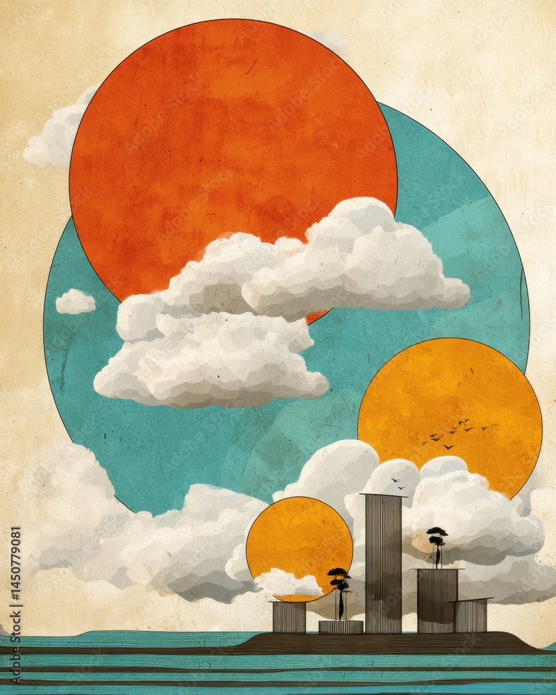 Poster surreal islandscape with geometric suns and clouds a dreamlike digital artwork featuring minimalist 